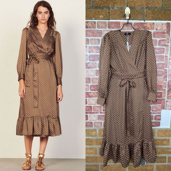 ROSEDRESS VINTAGE FLORAL PRINTED LONG SLEEVE RUFFLE WRAP MIDI DRESS - COFFEE L - Picture 1 of 17